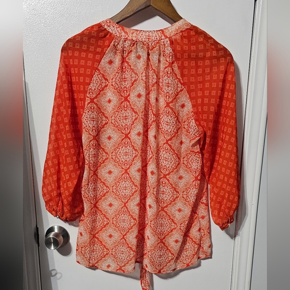 Kut From The Kloth | Orange Geometric Sheer Button Down Blouse - Picture 3 of 10